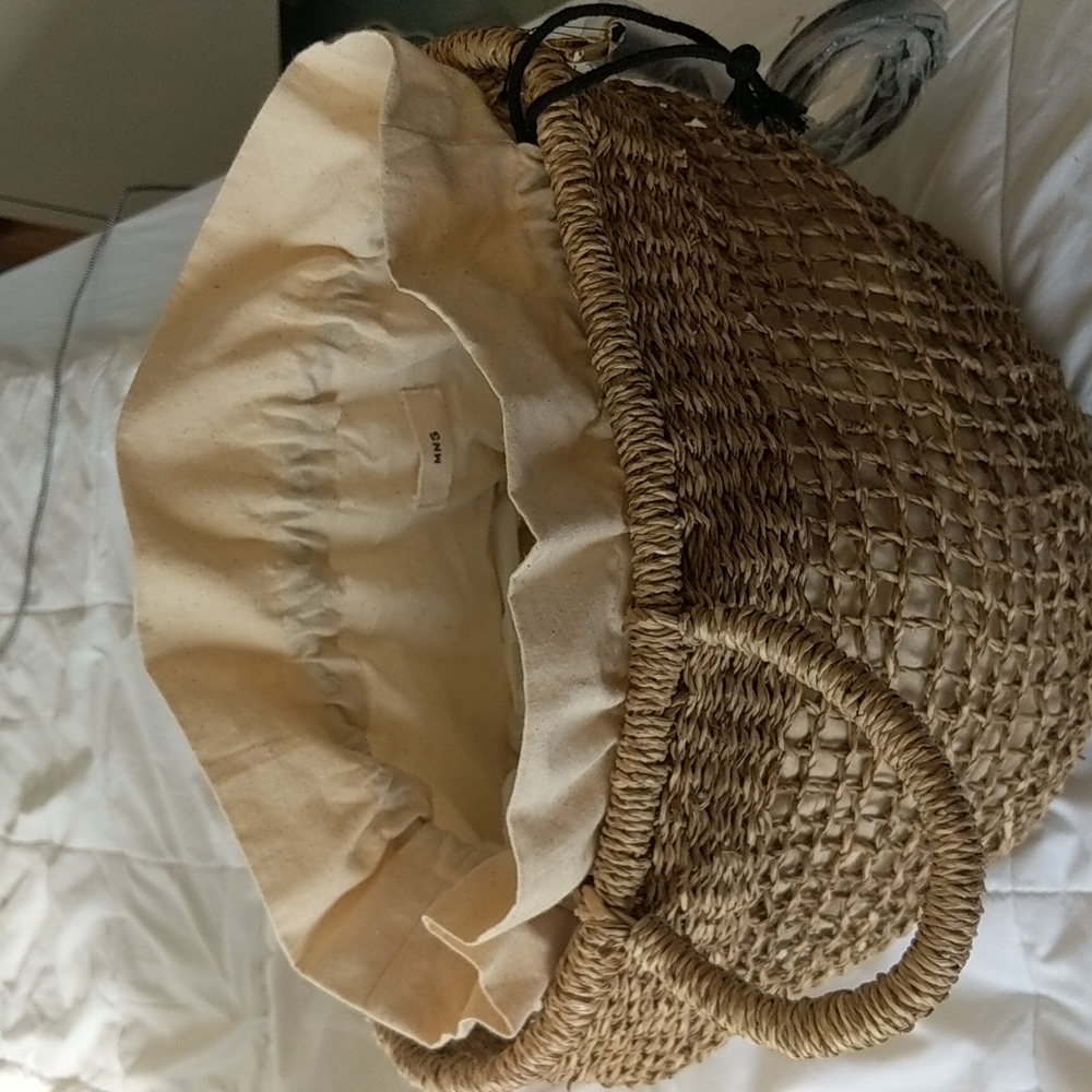 Nwt - Straw Bag With Drawstring Cloth Insert - image 1